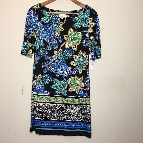 Eliza J Sz 6 Navy Blue Green Print Sheath Dress - Picture 1 of 7